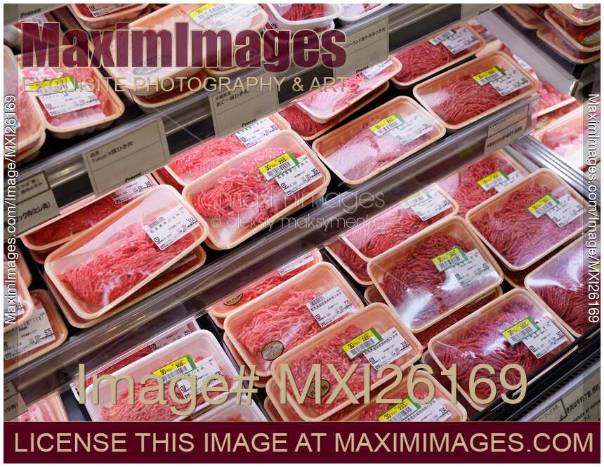 Stock photo Packaged ground beef in Japanese store MaximImages
