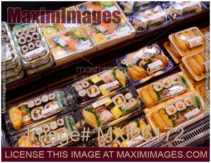 Photo of Packaged prepared sushi in Japanese store Stock Image MXI26172
