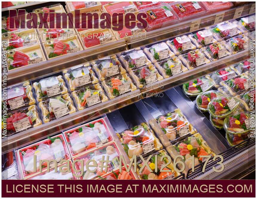 Packaged sashimi in Japanese store