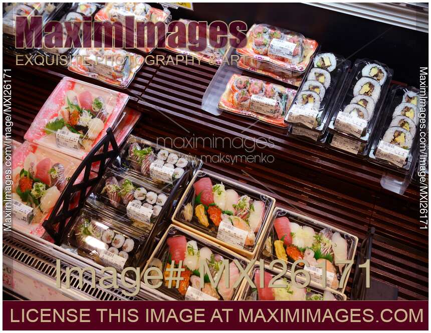 Photo of Packaged sushi rolls in Japanese store Stock Image MXI26171