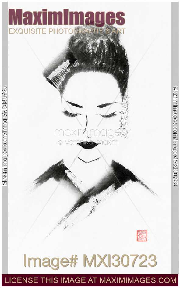 Painted portrait of a Geisha Japanese Zen Sumi-e artwork on white rice paper