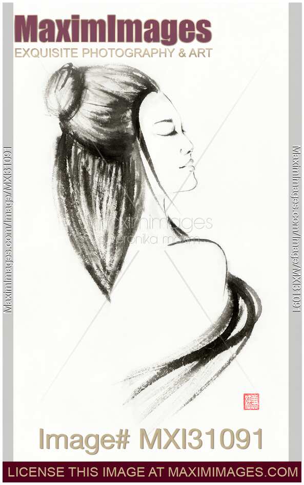 Painting of a beautiful woman with long black hair sweeping around her
