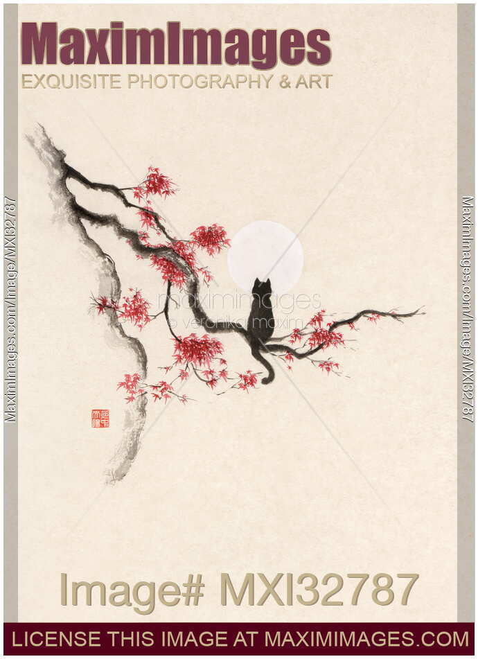 Painting of a black cat sitting on maple tree with red autumn leaves gazing at the full moon