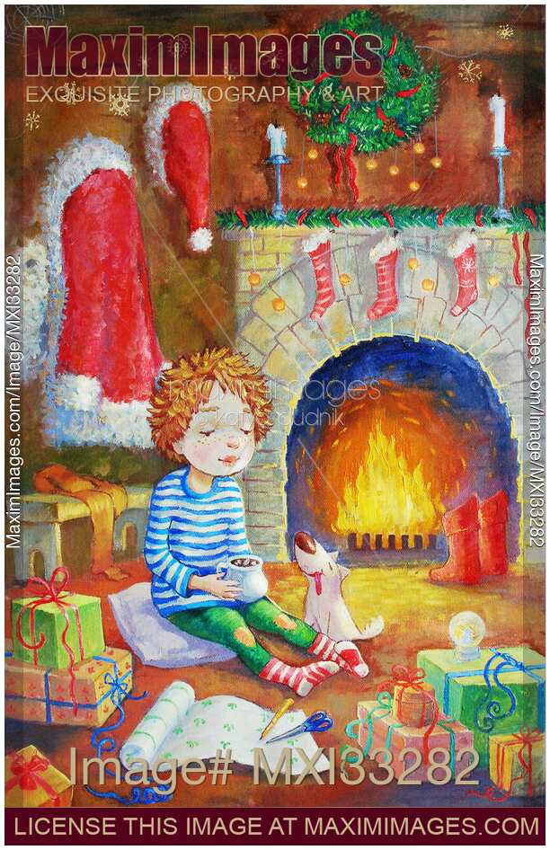Painting of a cute little boy and his dog surrounded by presents on a Christmas night
