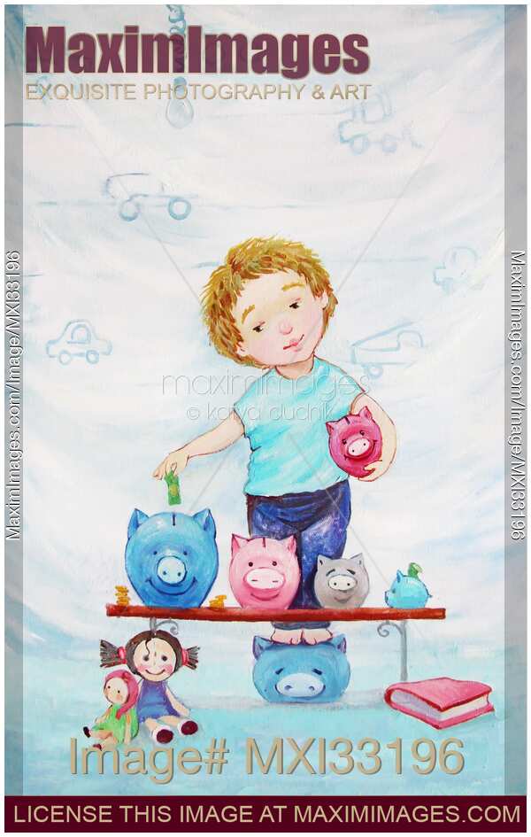 Painting of a cute little boy putting money in a piggy bank