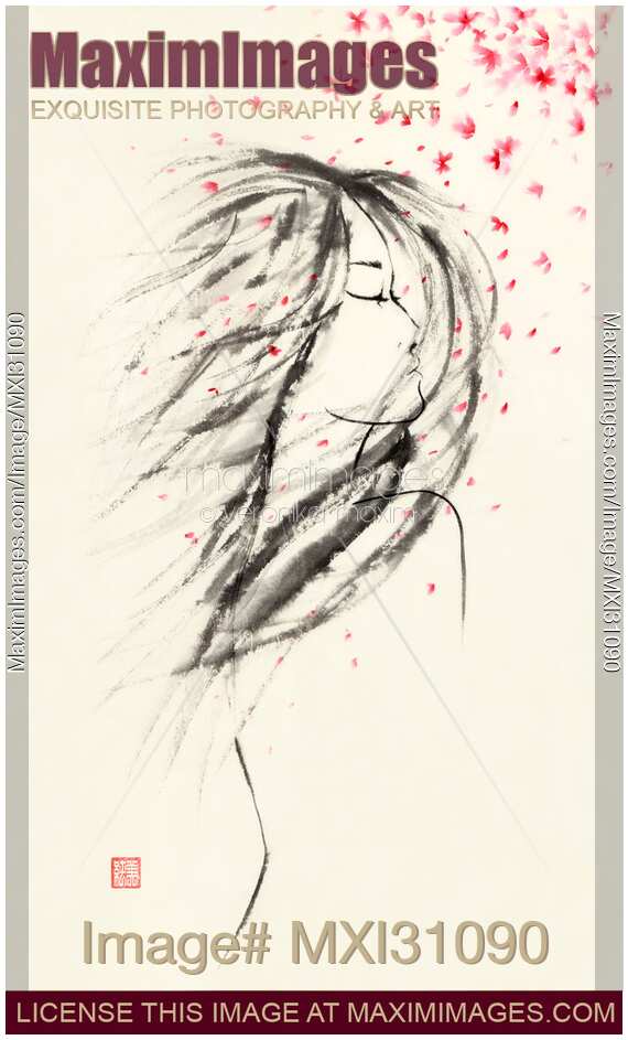 Painting of an asian woman with wild hair in the whirlpool of falling sakura flowers