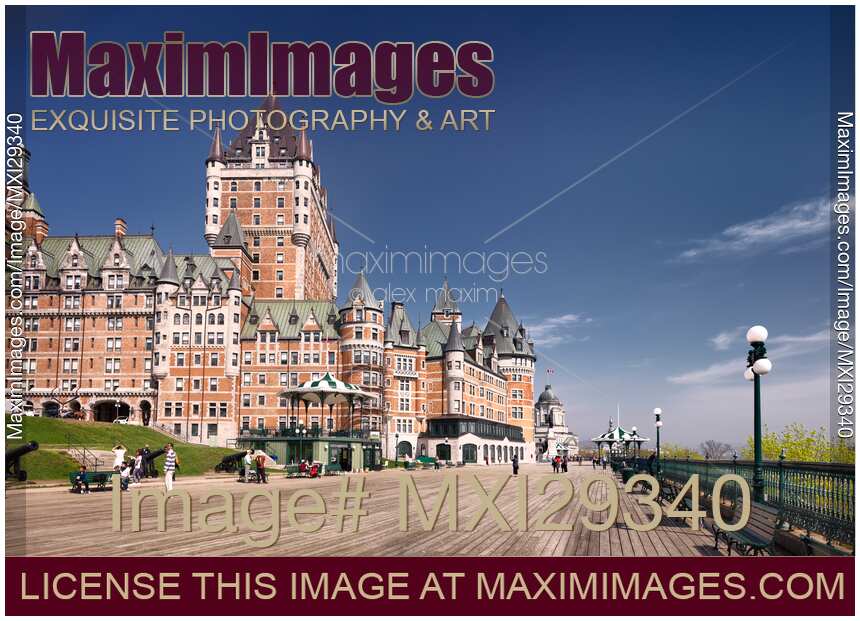Panorama of Fairmont Le Chateau Frontenac castle and Dufferin terrace in old Quebec city