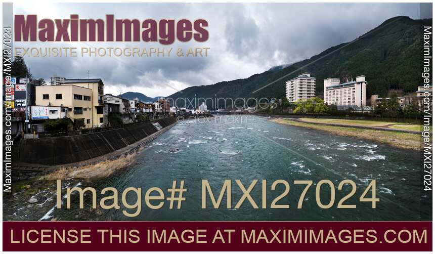Panorama of Hida river and mountains in Gero Japan