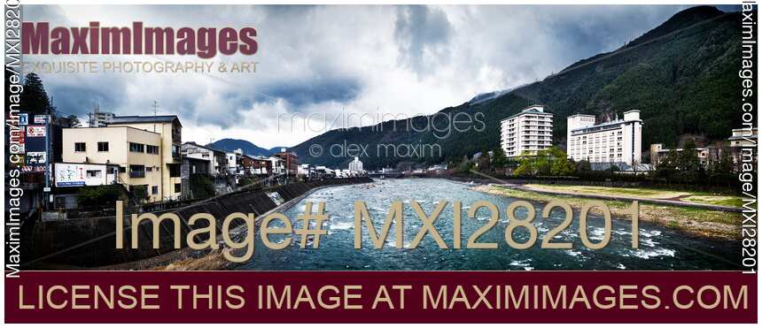 Panorama of Hida river and mountains in Gero Japan