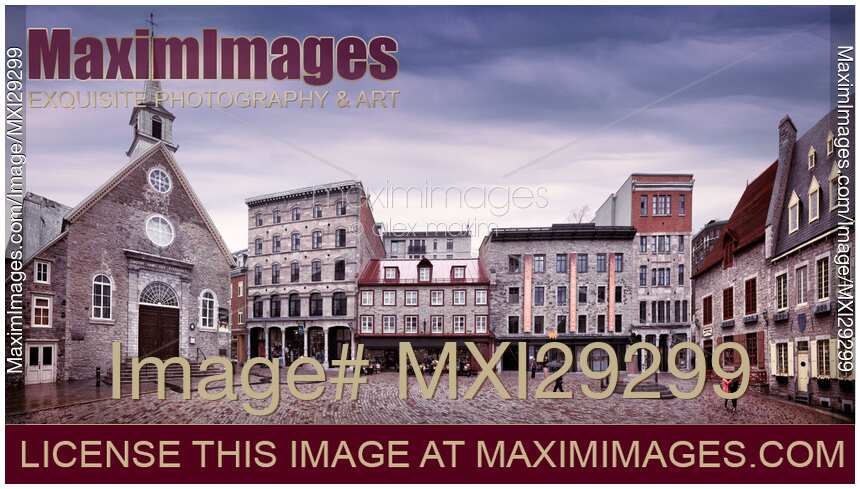 Panorama of Royal square Place Royale in old Quebec city with Notre-Dame-de-Victoires Church and statue of Louis XIV