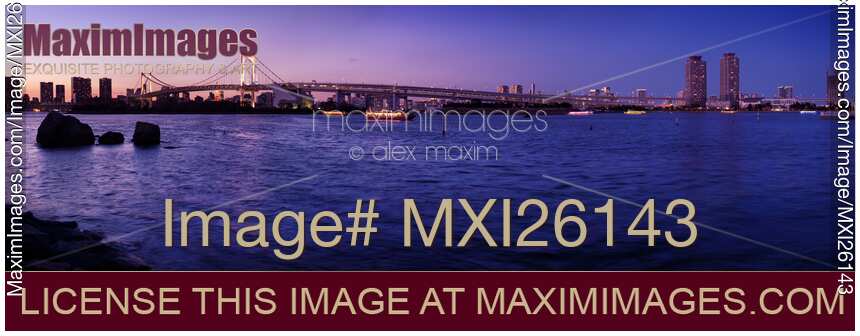 Panorama of the Rainbow bridge at sunset in Tokyo