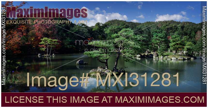 Panoramic landscape scenery of pine trees in a pond at Rokuon-ji Japanese Zen temple garden