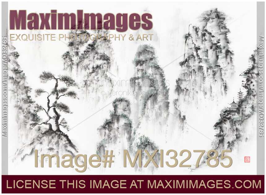 Panoramic landscape sumi-e Zen painting of floating misty mountains