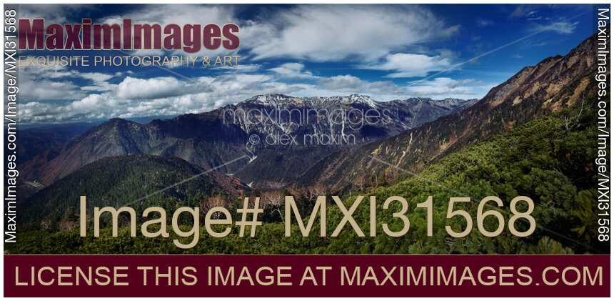 Panoramic landscape view from Hotaka mountain Japan Hida Mountains Northern Alps