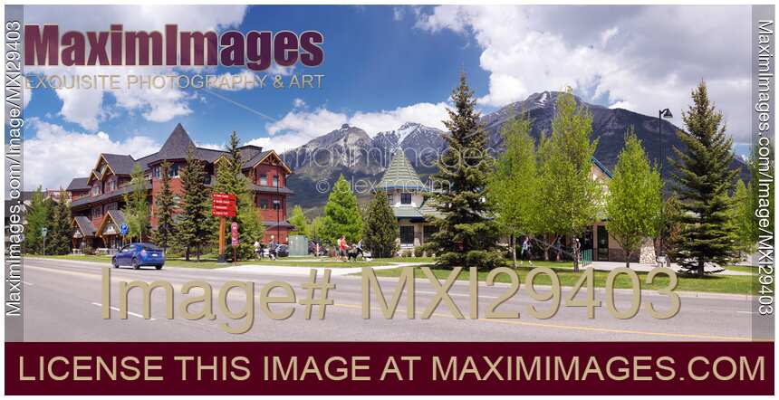 Panoramic scenery of Canmore town streets in Alberta