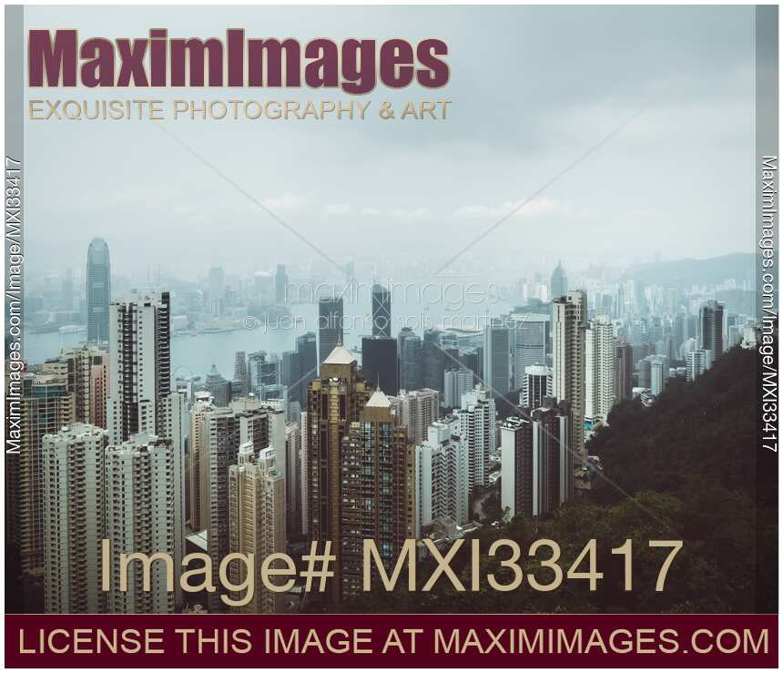 Panoramic scenery of Hong Kong city in China with high-rise modern buildings