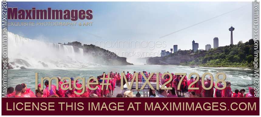Panoramic scenery of people on a boat ride at Niagara Falls