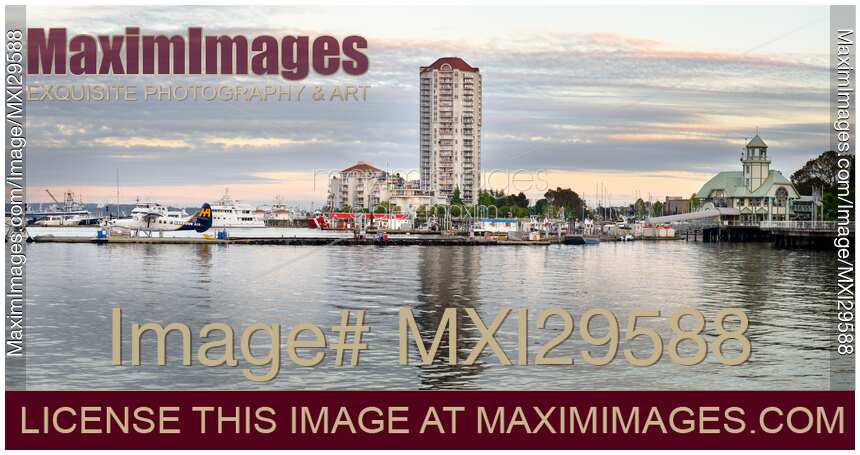 Panoramic view of Nanaimo city waterfront skyline in sunset Vancouver Island