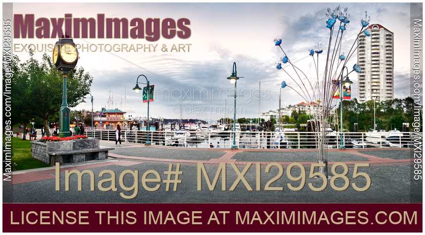 Panoramic view of Nanaimo city waterfront with a clock in the evening Vancouver Island