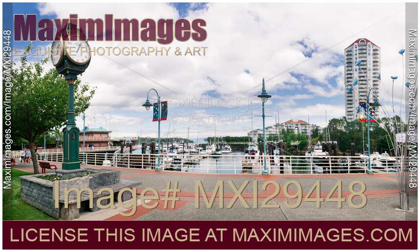 Panoramic view of Nanaimo city waterfront with a clock Vancouver Island