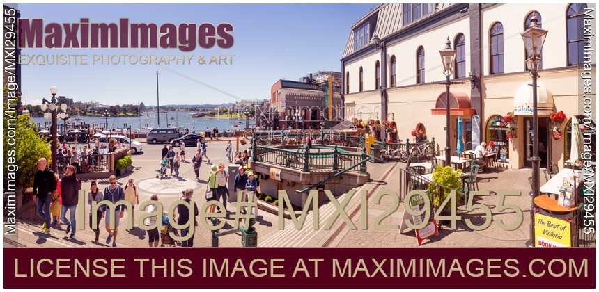 People at Bastion square and Wharf street in Victoria BC on a sunny day