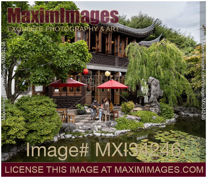 People at Yun Shui Teahouse in Lan Su Chinese Garden in Portland Oregon