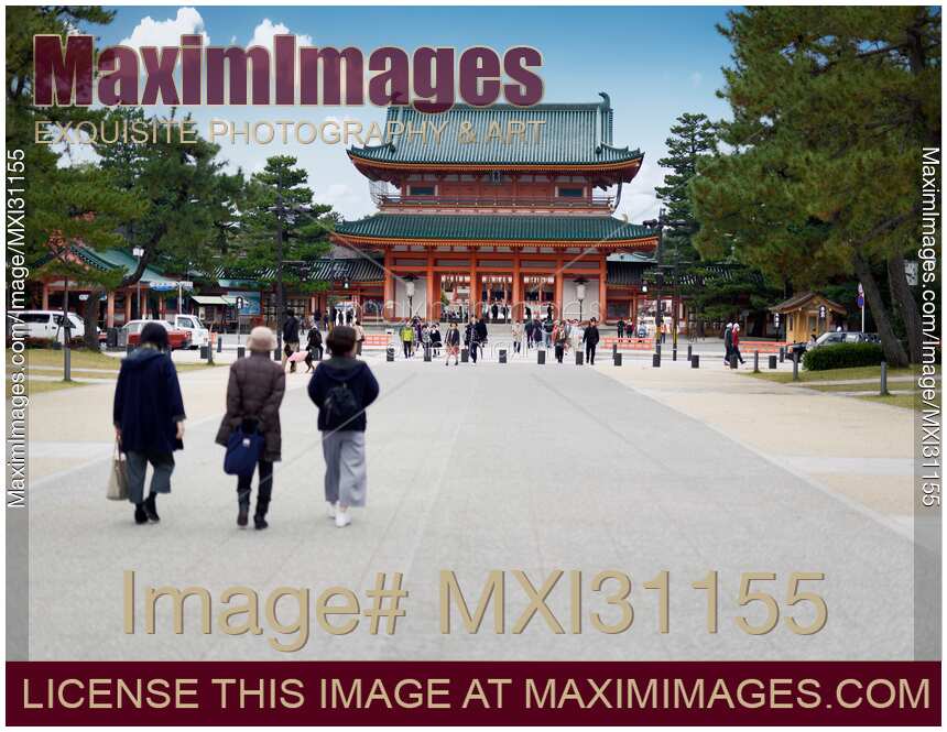 People walking towards Heian Shrine Outen-mon main gate Heian-jingu Kyoto