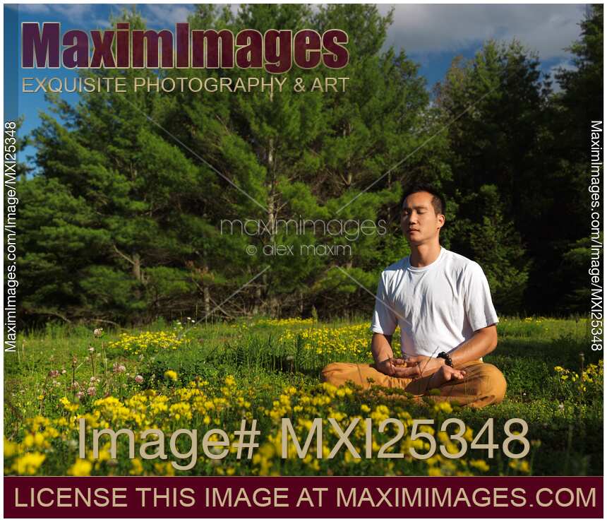 Person meditating in summer nature during sunrise