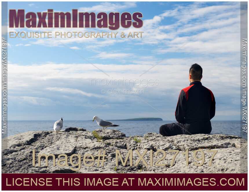 Person meditating on a shore of a lake with seagulls