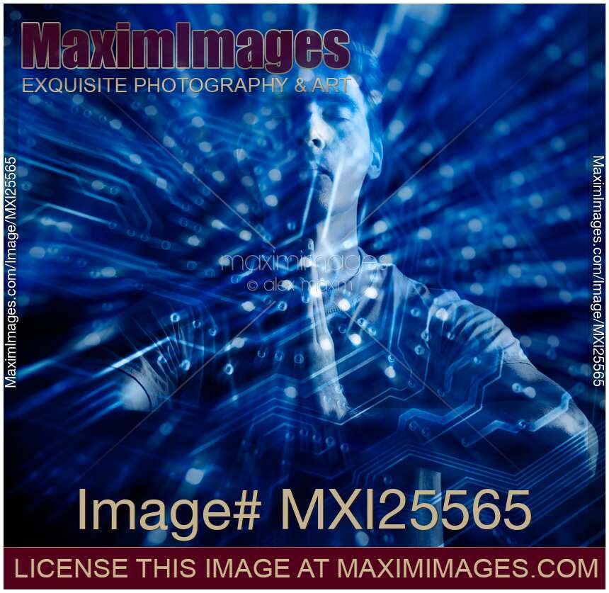 Person meditating surrounded by digital circuits