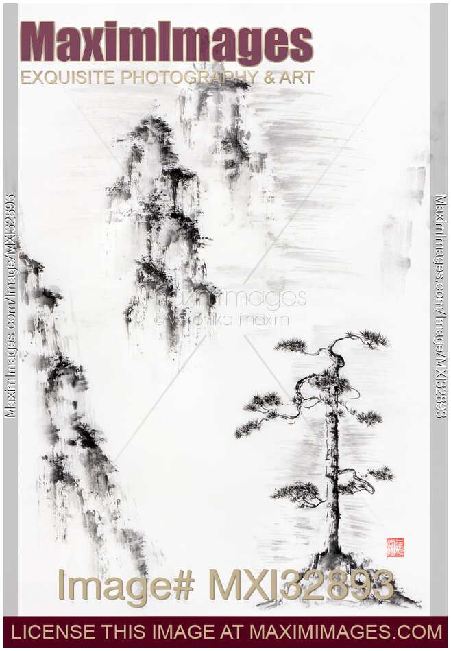 Pine tree in a misty mountain landscape Zen brush sumi-e painting