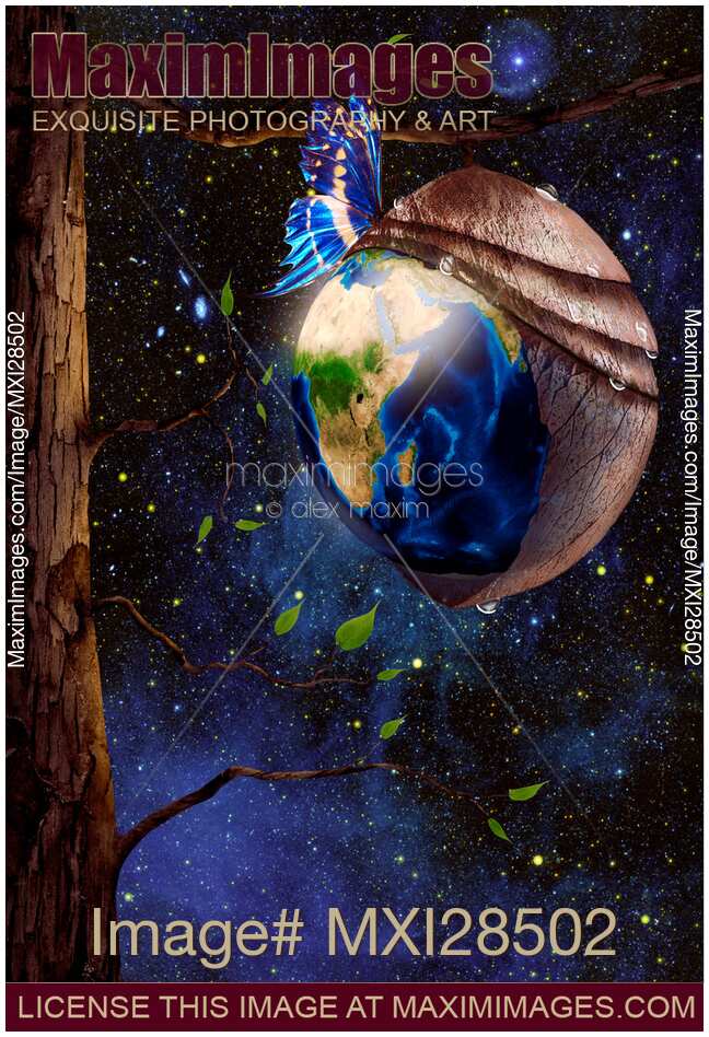 Planet Earth reborn from butterfly cocoon in cosmos artistic concept