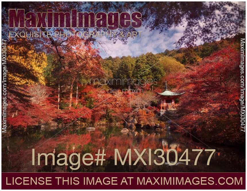 Pond in front of Bentendo Hall in a beautiful colorful autumn scenery at Daigo-ji temple Daigoji complex in Kyoto