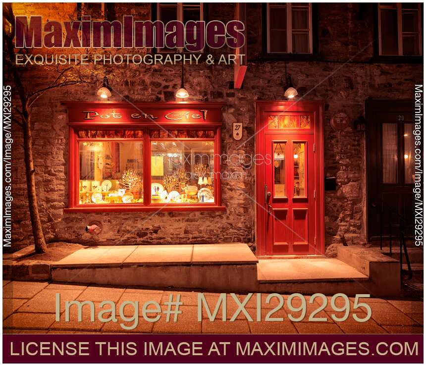 Pot en Ciel store front display at night on Rue du Petit Champlain in Quebec City