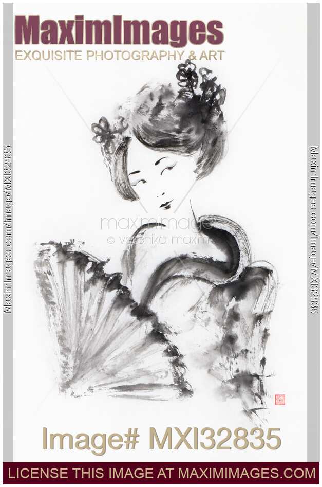 Pretty Geisha with a hand fan Fine art Japanese Ink portrait sumi-e painting
