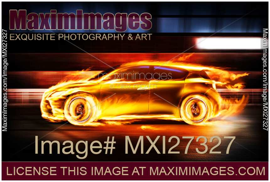 Race car in burning flames in a tunnel