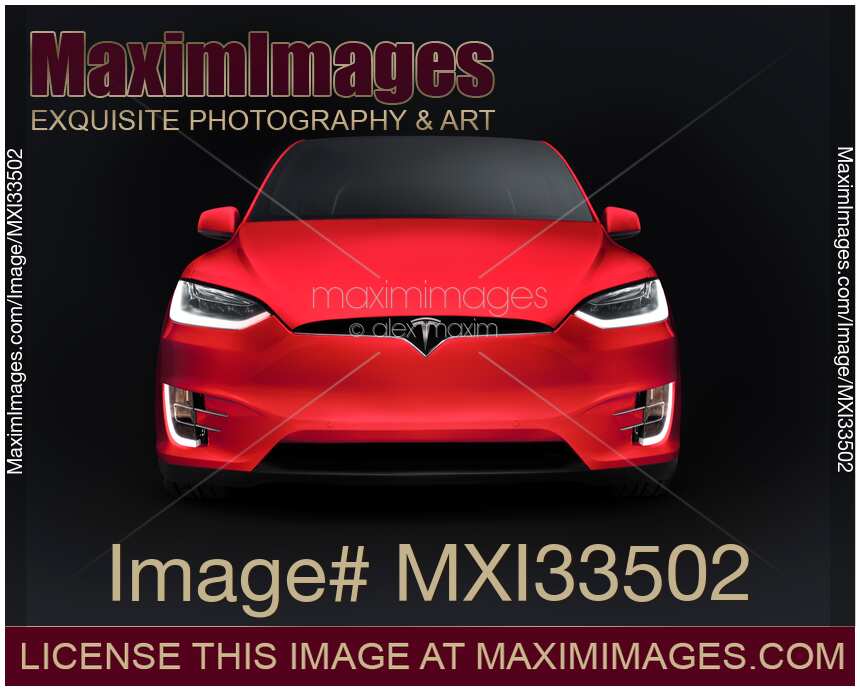 Red Tesla Model X luxury SUV electric car front view isolated on black
