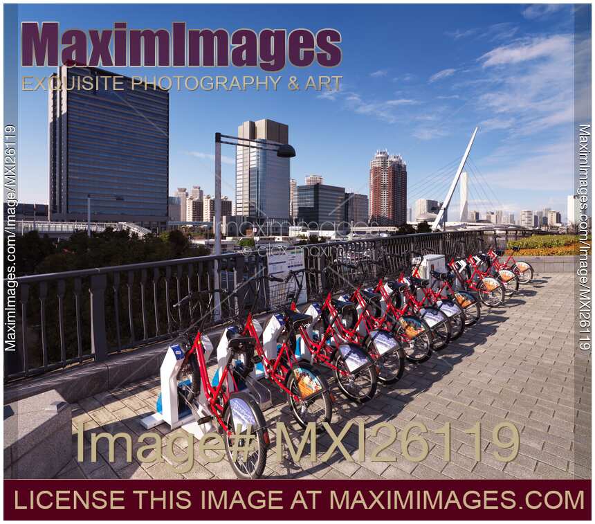 Rental bicycles on street in Odaiba Tokyo