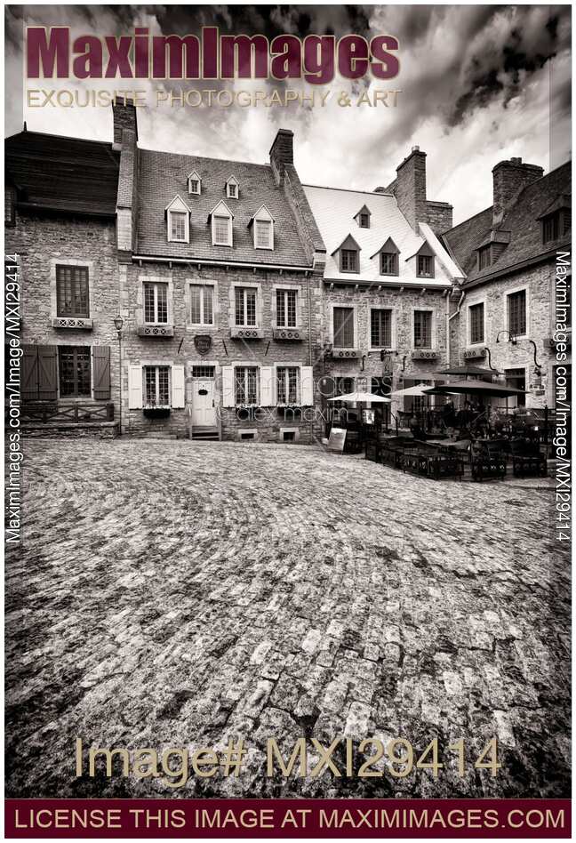 Restaurant La Pizz terrace and Galerie Place Royale in Royal Square of Old Quebec City Black and white