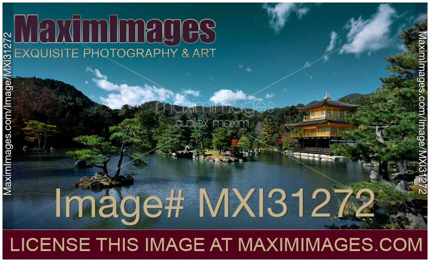 Rokuon-ji or Kinkaku-ji Temple of the Golden Pavilion in panoramic autumn scenery of Japanese pond garden