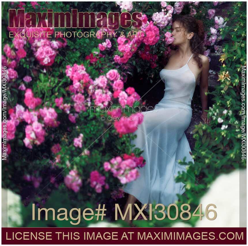 Romantic sensual portrait of woman in a long elegant dress in a rose garden