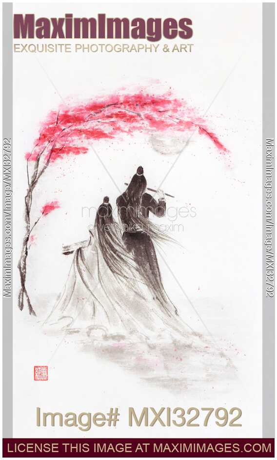 Romantic Zen painting of asian couple playing music together in full moon under sakura tree blossom