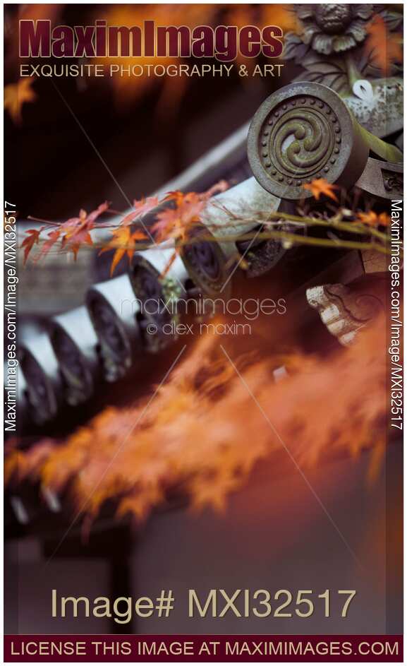 Roof eaves decorated with Kawara Japanese clay roofing tiles Zen Buddhist temple detail in autumn scenery