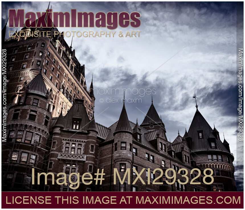 Rooftops of Fairmont Le Château Frontenac in Old Quebec City on a stormy night