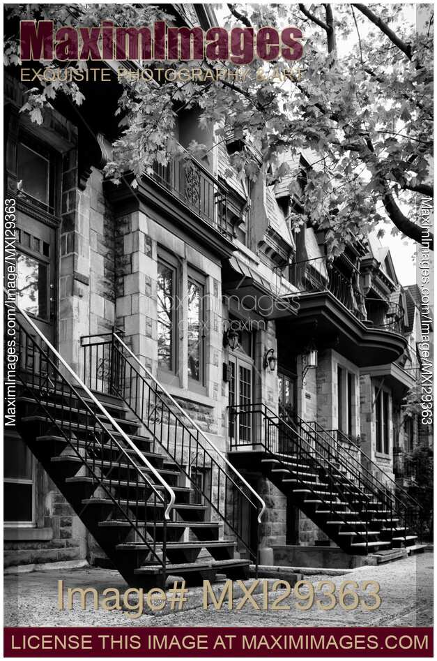 Row of historic townhouses on Avenue Laval in Montreal Black and white