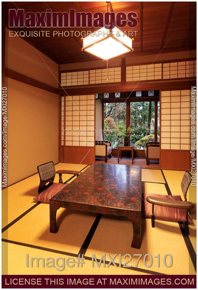 Ryokan traditional Japanese room interior with garden view