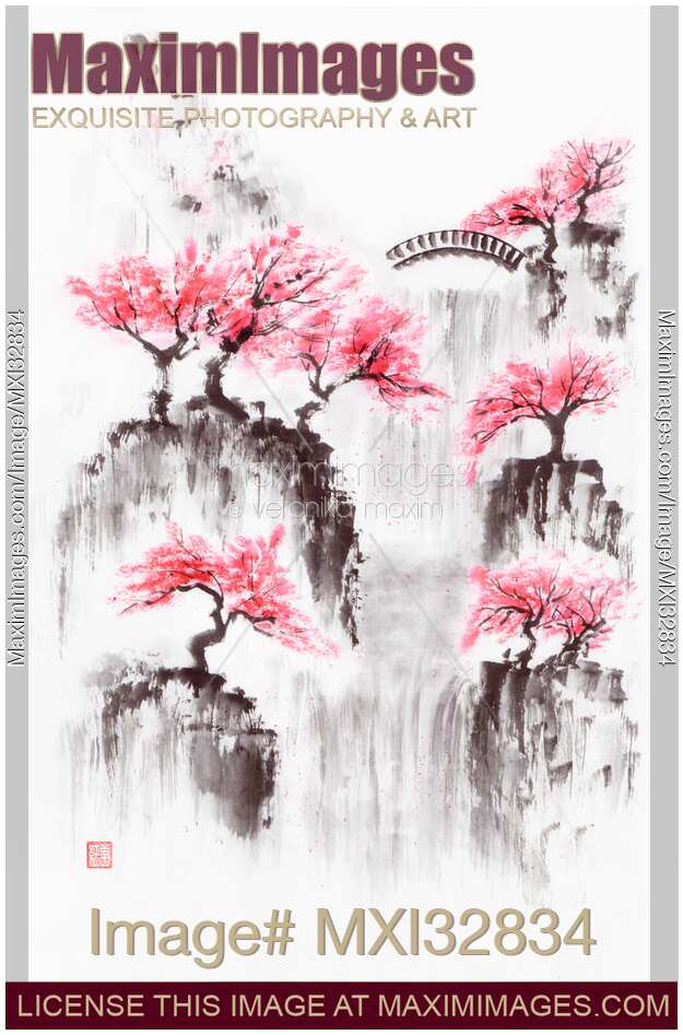 Sakura tree blossom Zen garden with a waterfall and a bridge Fine art landscape sumi-e painting