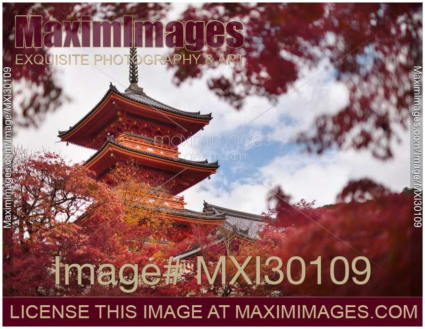 Sanjunoto pagoda of Kiyomizu-dera temple in Kyoto framed by red autumn leaves