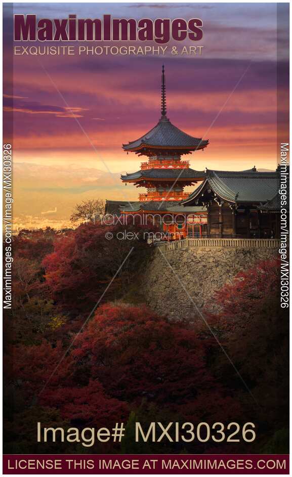 Sanjunoto pagoda with dramatic red sunset skies in autumn Kiyomizu-dera temple Kyoto Japan