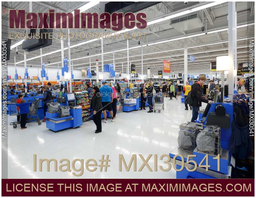 Self-checkout counters self-service checkout section at Walmart store